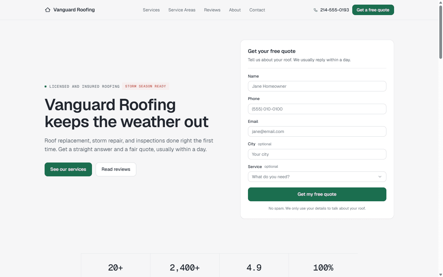 A roofer's marketing site built by the platform: hero, services, and a quote form